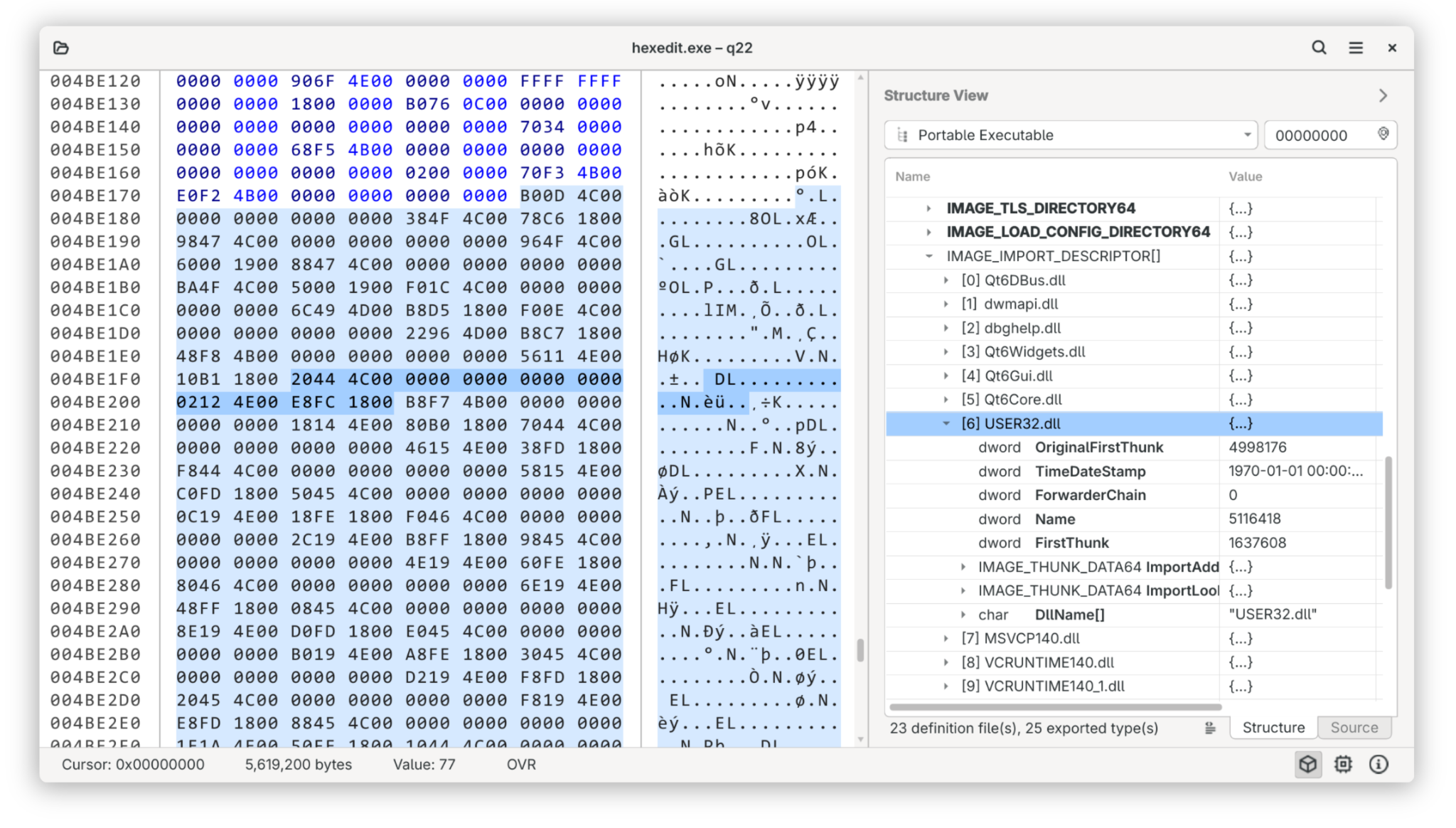 Dynamically resolved PE imports in the raw Structure View.