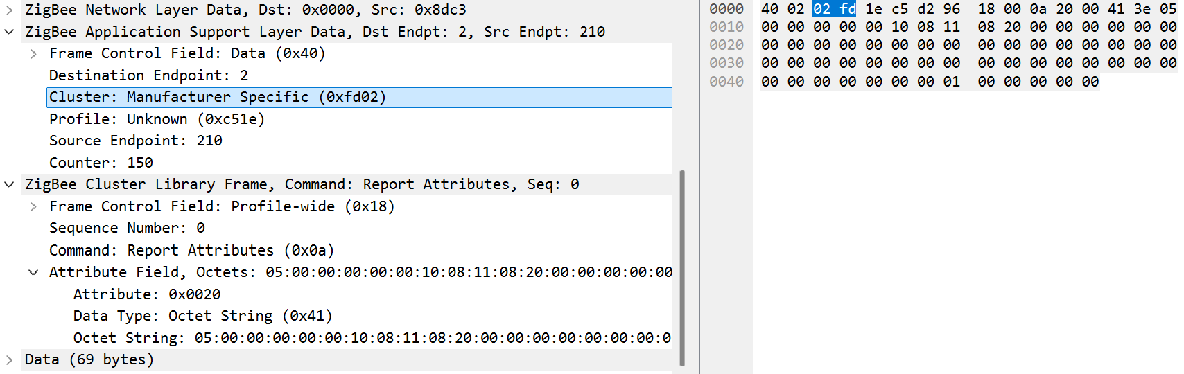 Wireshark decoding a Miele FD02 attribute report as an octet string.